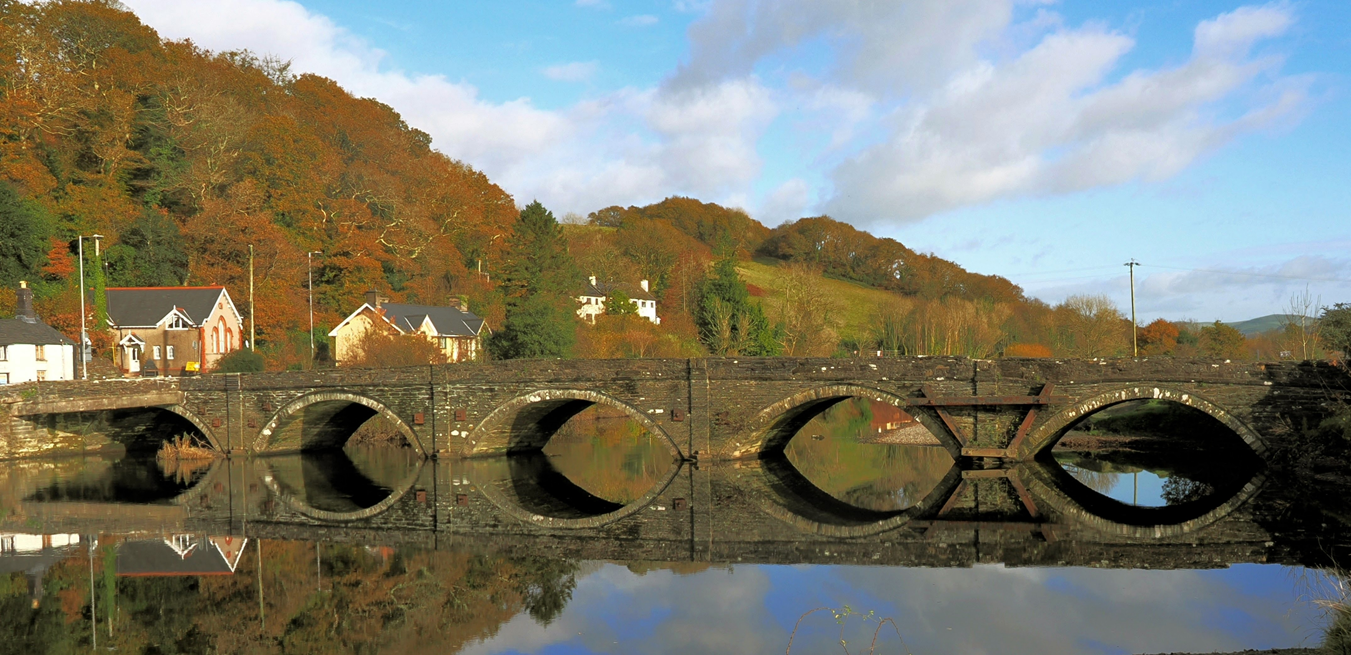 Stone bridge with autumn trees and houses
